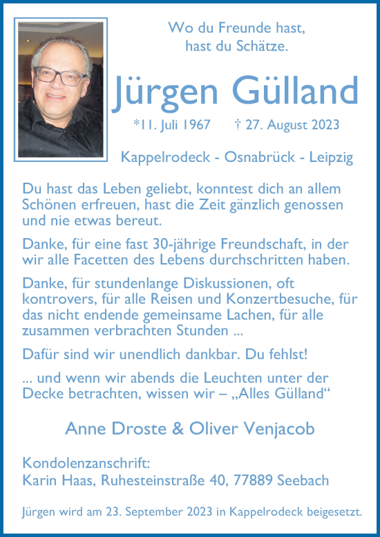 Traueranzeige von Jürgen Gülland von Neue Osnabrücker Zeitung GmbH & Co. KG