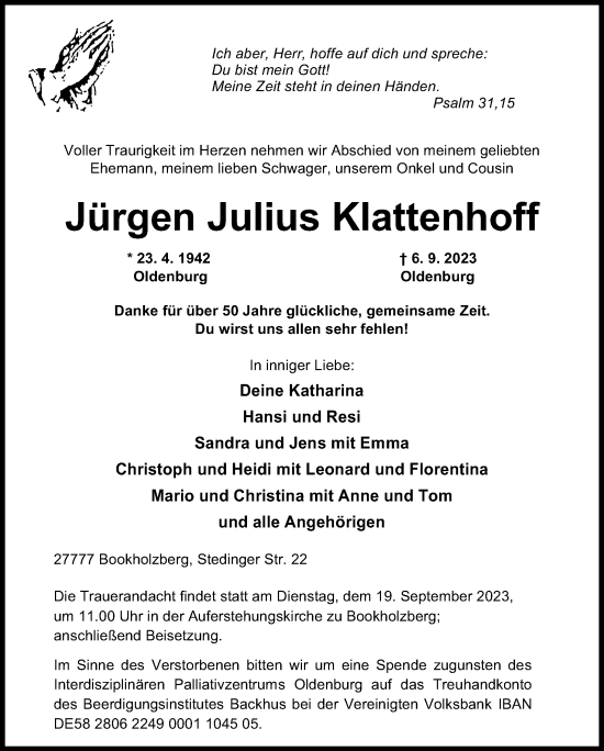 Traueranzeige von Jürgen Julius Klattenhoff von DK Medien GmbH & Co. KG