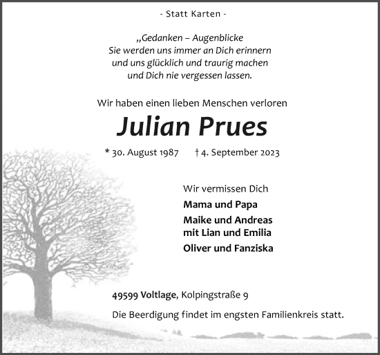 Traueranzeige von Julian Prues von Neue Osnabrücker Zeitung GmbH & Co. KG