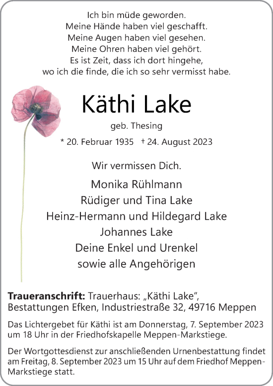 Traueranzeige von Käthi Lake von Neue Osnabrücker Zeitung GmbH & Co. KG