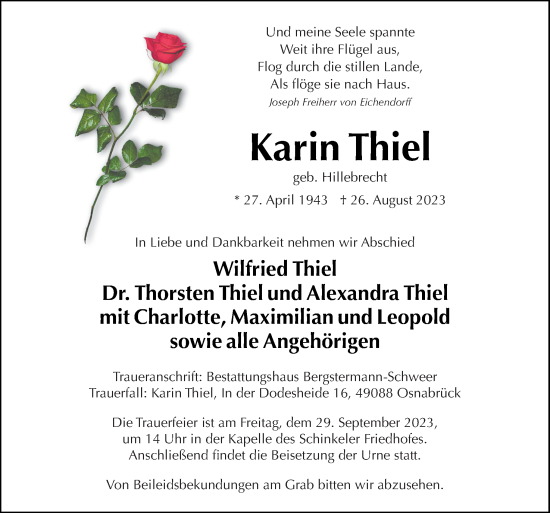 Traueranzeige von Karin Thiel von Neue Osnabrücker Zeitung GmbH & Co. KG
