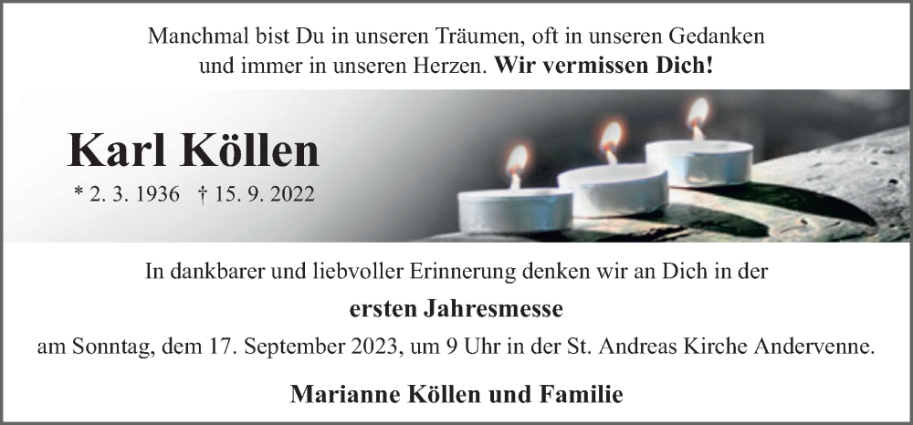  Traueranzeige für Karl Köllen vom 13.09.2023 aus Neue Osnabrücker Zeitung GmbH & Co. KG
