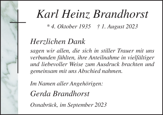 Traueranzeige von Karl Heinz Brandhorst von Neue Osnabrücker Zeitung GmbH & Co. KG