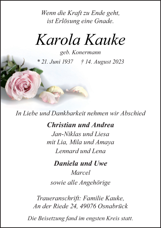 Traueranzeige von Karola Kauke von Neue Osnabrücker Zeitung GmbH & Co. KG