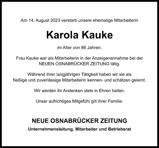 Traueranzeige von Karola Kauke von Neue Osnabrücker Zeitung GmbH & Co. KG