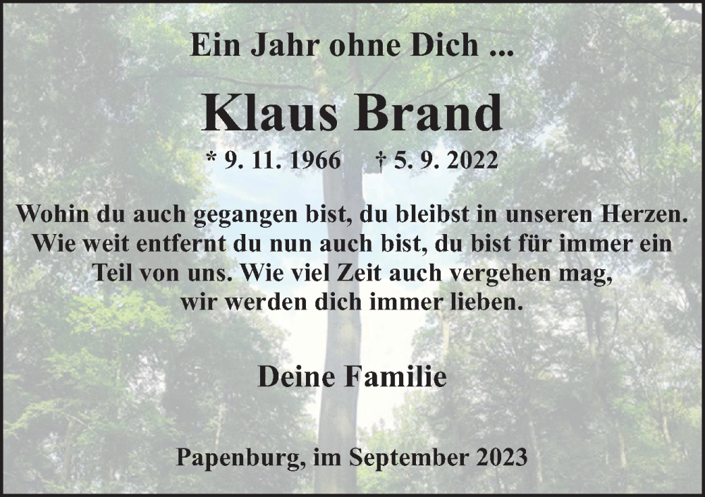  Traueranzeige für Klaus Brand vom 05.09.2023 aus Neue Osnabrücker Zeitung GmbH & Co. KG