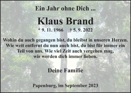 Traueranzeige von Klaus Brand von Neue Osnabrücker Zeitung GmbH & Co. KG