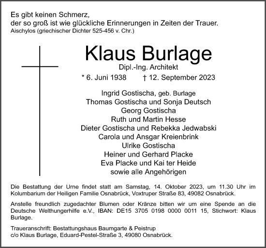 Traueranzeige von Klaus Burlage von Neue Osnabrücker Zeitung GmbH & Co. KG