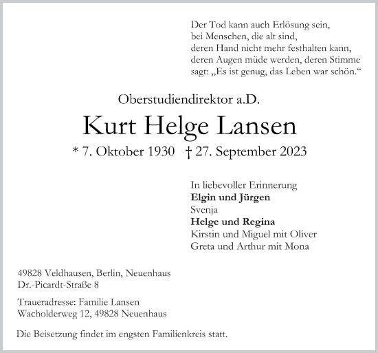 Traueranzeige von Kurt Helge Lansen von Neue Osnabrücker Zeitung GmbH & Co. KG
