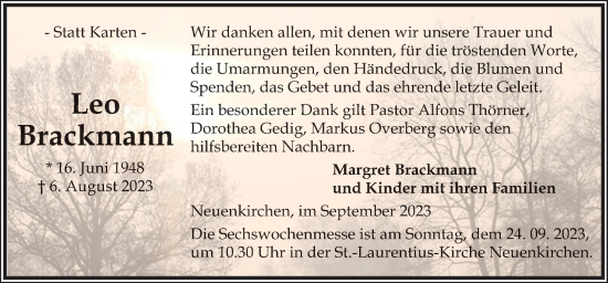 Traueranzeige von Leo Brackmann von Neue Osnabrücker Zeitung GmbH & Co. KG