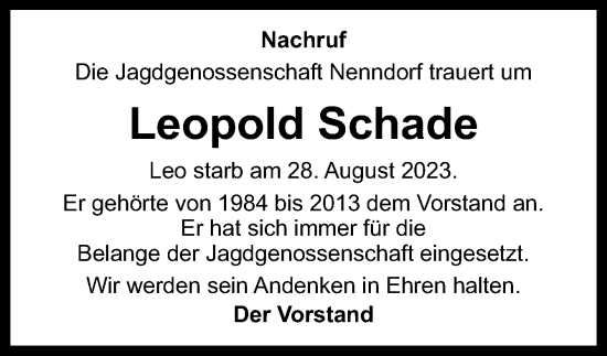 Traueranzeige von Leopold Schade von Neue Osnabrücker Zeitung GmbH & Co. KG