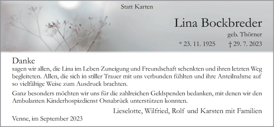 Traueranzeige von Lina Bockbreder von Neue Osnabrücker Zeitung GmbH & Co. KG