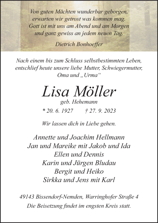 Traueranzeige von Lisa Möller von Neue Osnabrücker Zeitung GmbH & Co. KG