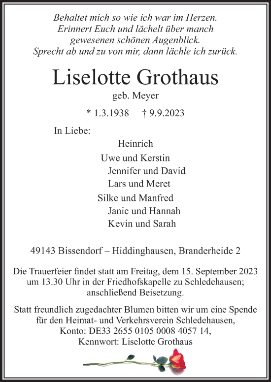 Traueranzeige von Liselotte Grothaus von Neue Osnabrücker Zeitung GmbH & Co. KG