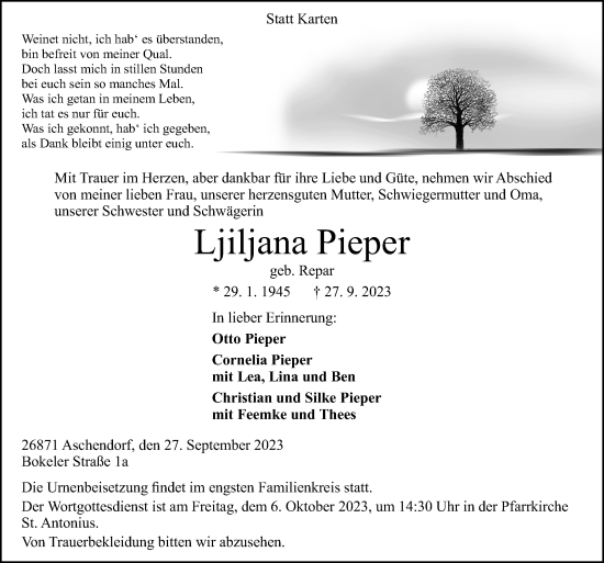 Traueranzeige von Ljiljana Pieper von Neue Osnabrücker Zeitung GmbH & Co. KG