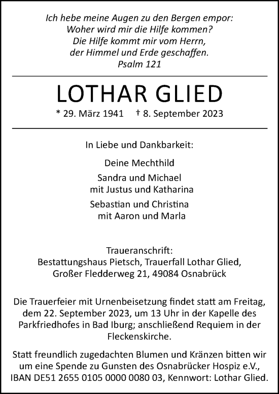 Traueranzeige von Lothar Glied von Neue Osnabrücker Zeitung GmbH & Co. KG