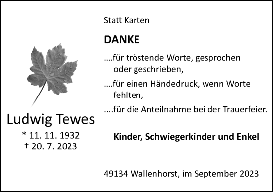 Traueranzeige von Ludwig Tewes von Neue Osnabrücker Zeitung GmbH & Co. KG