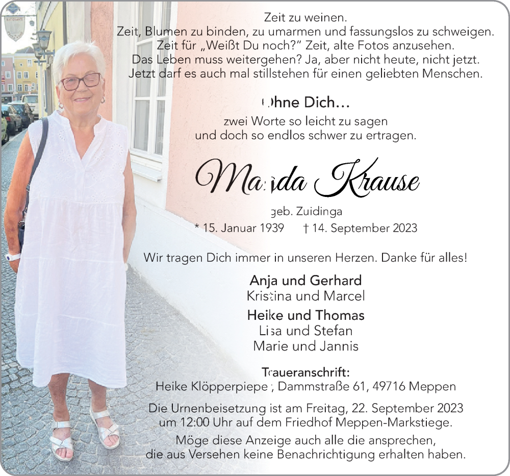  Traueranzeige für Magda Kraus vom 19.09.2023 aus Neue Osnabrücker Zeitung GmbH & Co. KG
