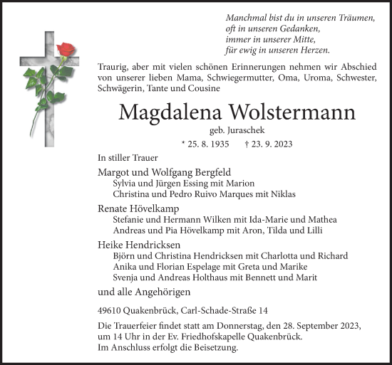 Traueranzeige von Magdalena Wolstermann von Neue Osnabrücker Zeitung GmbH & Co. KG