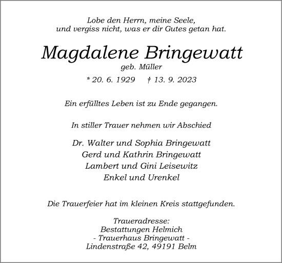 Traueranzeige von Magdalene Bringewatt von Neue Osnabrücker Zeitung GmbH & Co. KG