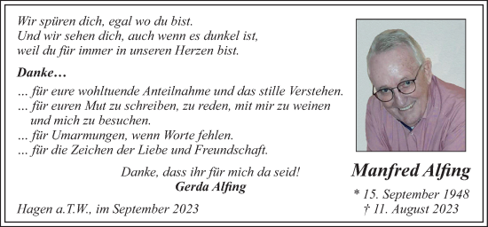 Traueranzeige von Manfred Alfing von Neue Osnabrücker Zeitung GmbH & Co. KG