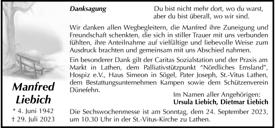 Traueranzeige von Manfred Liebich von Neue Osnabrücker Zeitung GmbH & Co. KG