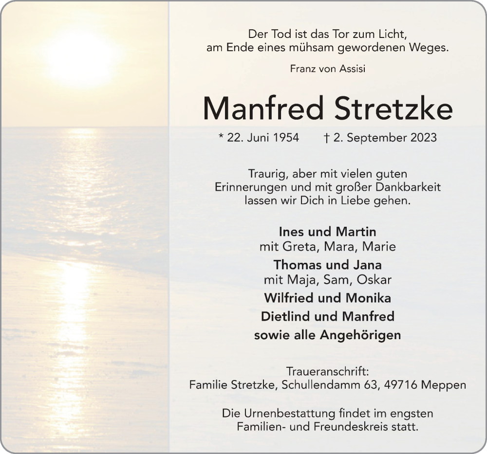  Traueranzeige für Manfred Stretzke vom 09.09.2023 aus Neue Osnabrücker Zeitung GmbH & Co. KG