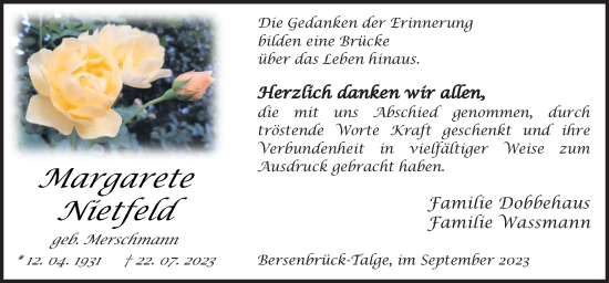 Traueranzeige von Margarete Nietfeld von Neue Osnabrücker Zeitung GmbH & Co. KG
