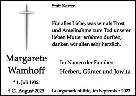 Traueranzeige von Margarete Wamhoff von Neue Osnabrücker Zeitung GmbH & Co. KG