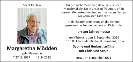 Traueranzeige von Margaretha Mödden von Neue Osnabrücker Zeitung GmbH & Co. KG