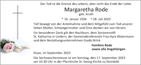 Traueranzeige von Margaretha Rode von Neue Osnabrücker Zeitung GmbH & Co. KG