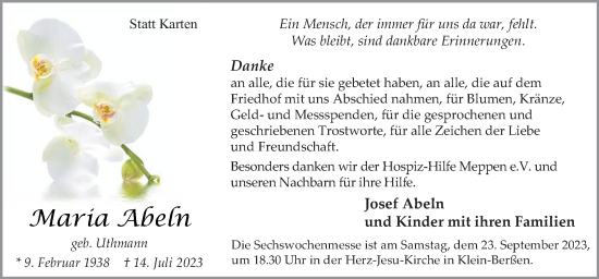 Traueranzeige von Maria Abeln von Neue Osnabrücker Zeitung GmbH & Co. KG