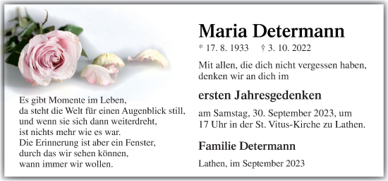 Traueranzeige von Maria Determann von Neue Osnabrücker Zeitung GmbH & Co. KG