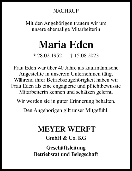 Traueranzeige von Maria Eden von Neue Osnabrücker Zeitung GmbH & Co. KG