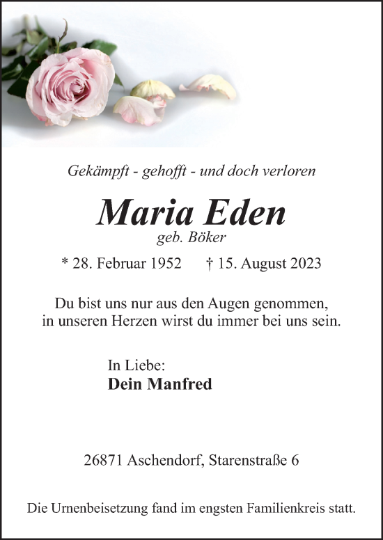 Traueranzeige von Maria Eden von Neue Osnabrücker Zeitung GmbH & Co. KG