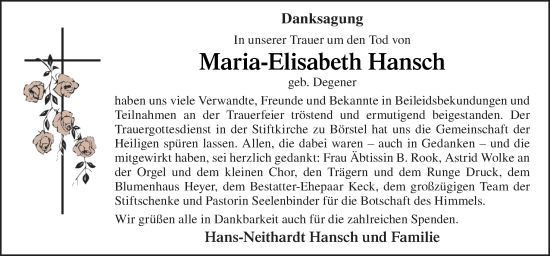 Traueranzeige von Maria-Elisabeth Hansch von Neue Osnabrücker Zeitung GmbH & Co. KG