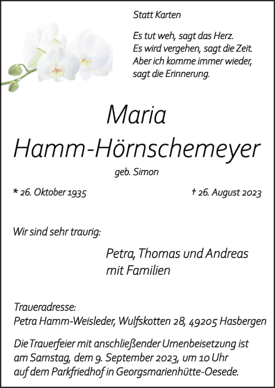 Traueranzeige von Maria Hamm-Hörnschemeyer von Neue Osnabrücker Zeitung GmbH & Co. KG
