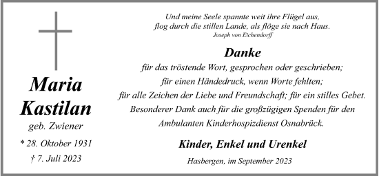 Traueranzeige von Maria Kastilan von Neue Osnabrücker Zeitung GmbH & Co. KG