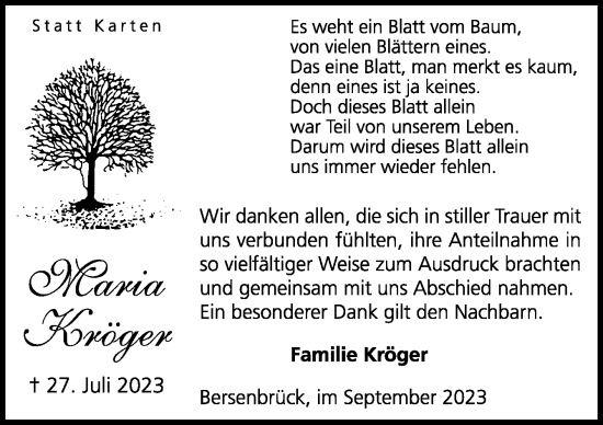 Traueranzeige von Maria Kröger von Neue Osnabrücker Zeitung GmbH & Co. KG