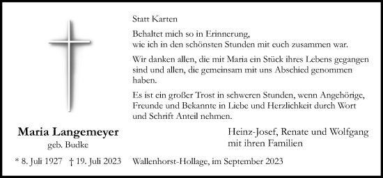 Traueranzeige von Maria Langemeyer von Neue Osnabrücker Zeitung GmbH & Co. KG