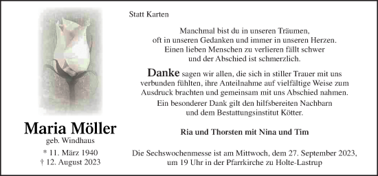 Traueranzeige von Maria Möller von Neue Osnabrücker Zeitung GmbH & Co. KG