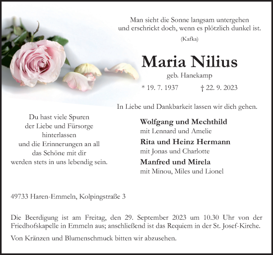 Traueranzeige von Maria Nilius von Neue Osnabrücker Zeitung GmbH & Co. KG
