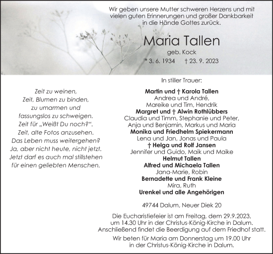 Traueranzeige von Maria Tallen von Neue Osnabrücker Zeitung GmbH & Co. KG