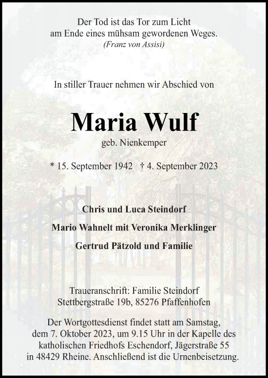 Traueranzeige von Maria Wulf von Neue Osnabrücker Zeitung GmbH & Co. KG