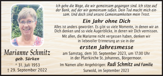 Traueranzeige von Marianne Schmitz von Neue Osnabrücker Zeitung GmbH & Co. KG