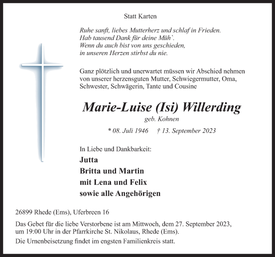 Traueranzeige von Marie-Luise Willerding von Neue Osnabrücker Zeitung GmbH & Co. KG