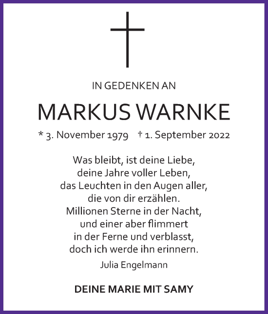 Traueranzeige von Markus Warnke von Neue Osnabrücker Zeitung GmbH & Co. KG