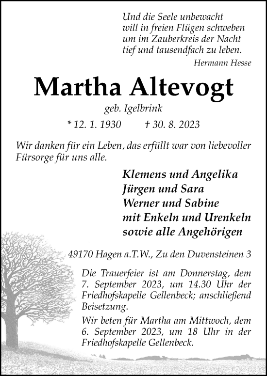 Traueranzeige von Martha Altevogt von Neue Osnabrücker Zeitung GmbH & Co. KG