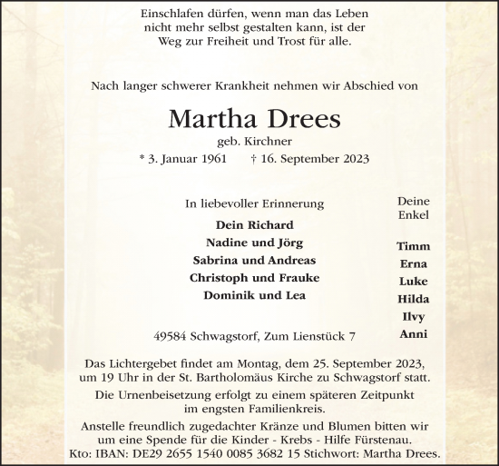 Traueranzeige von Martha Drees von Neue Osnabrücker Zeitung GmbH & Co. KG