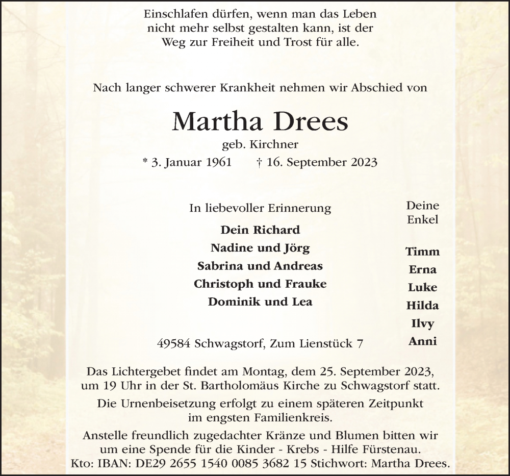  Traueranzeige für Martha Drees vom 20.09.2023 aus Neue Osnabrücker Zeitung GmbH & Co. KG